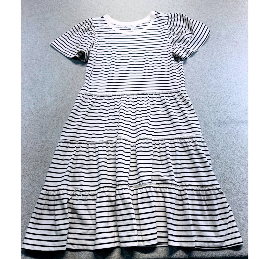 Time And Tru Tiered Dress Womens XS White Black Striped Puff Sleeve Midi Casual